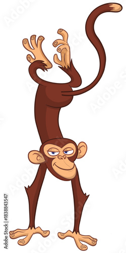 Cartoon funny monkey chimpanzee standing upside down. Vector illustration isolated on white