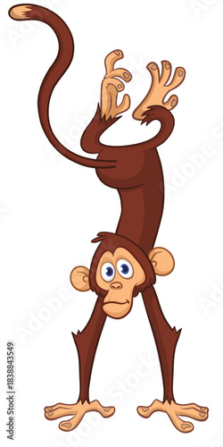Cartoon funny monkey chimpanzee standing upside down. Vector illustration isolated on white