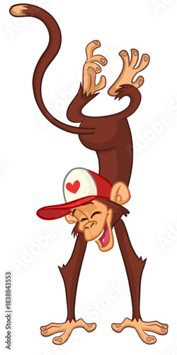 Cartoon funny monkey chimpanzee standing upside down. Vector illustration isolated on white