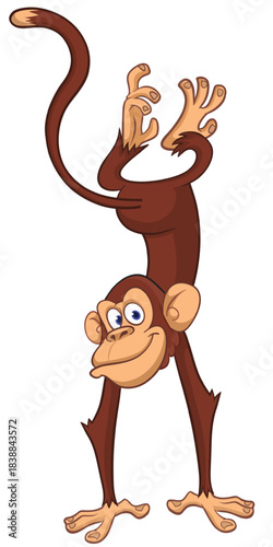 Cartoon funny monkey chimpanzee standing upside down. Vector illustration isolated on white