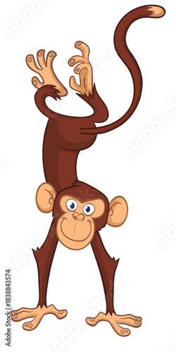 Cartoon funny monkey chimpanzee standing upside down. Vector illustration isolated on white