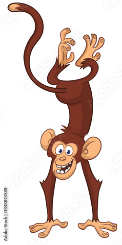 Cartoon funny monkey chimpanzee standing upside down. Vector illustration isolated on white