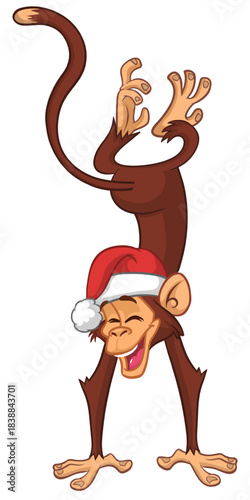 Cartoon funny monkey chimpanzee standing upside down. Vector illustration isolated on white