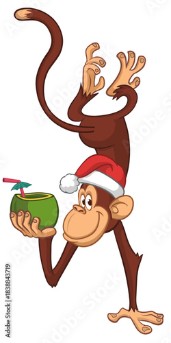 Cartoon funny monkey chimpanzee upside down drinking coconut cocktail and wearing Santa Hat. Vector illustration for Christmas or New year