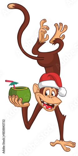 Cartoon funny monkey chimpanzee upside down drinking coconut cocktail and wearing Santa Hat. Vector illustration for Christmas or New year