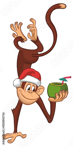 Cartoon funny monkey chimpanzee upside down drinking coconut cocktail and wearing Santa Hat. Vector illustration for Christmas or New year