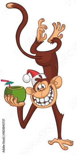 Cartoon funny monkey chimpanzee upside down drinking coconut cocktail and wearing Santa Hat. Vector illustration for Christmas or New year