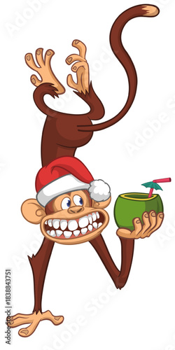 Cartoon funny monkey chimpanzee standing upside down. Vector illustration isolated on white