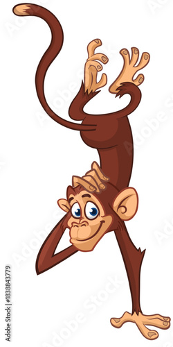 Cartoon funny monkey chimpanzee standing upside down. Vector illustration isolated on white