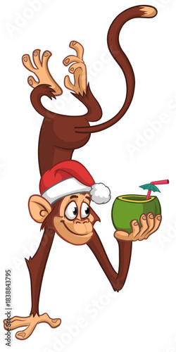 Cartoon funny monkey chimpanzee upside down drinking coconut cocktail and wearing Santa Hat. Vector illustration for Christmas or New year