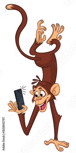 Cartoon funny monkey chimpanzee standing upside down making selfie with smartphone. Vector illustration isolated on white
