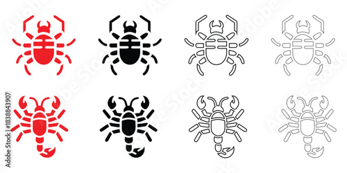 scorpion vector icon set, scorpion sea animal vector, silhouette and line art