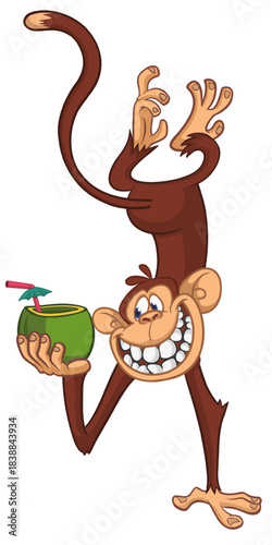 Cartoon funny monkey chimpanzee upside down drinking coconut cocktail. Vector illustration isolated on white