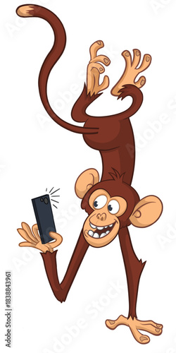 Cartoon funny monkey chimpanzee standing upside down making selfie with smartphone. Vector illustration isolated on white