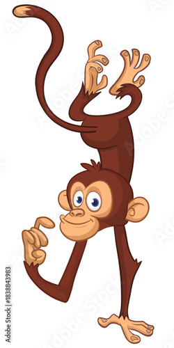 Cartoon funny monkey chimpanzee standing upside down. Vector illustration isolated on white
