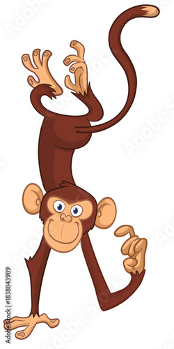 Cartoon funny monkey chimpanzee standing upside down. Vector illustration isolated on white