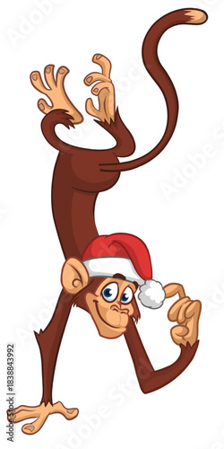 Cartoon funny monkey chimpanzee standing upside down wearing Santa hat. Vector illustration for Christmas or New Year
