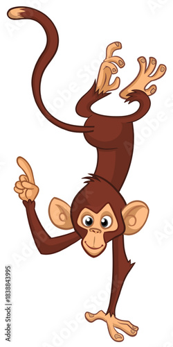 Cartoon funny monkey chimpanzee standing upside down. Vector illustration isolated on white