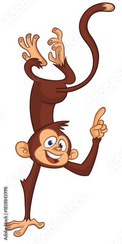 Cartoon funny monkey chimpanzee standing upside down. Vector illustration isolated on white
