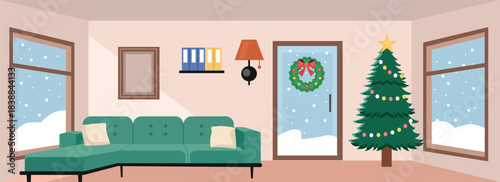 Cozy Christmas Living Room with Snowy Winter View. Cabin house in the winter season. Cozy sofa. New year winter.