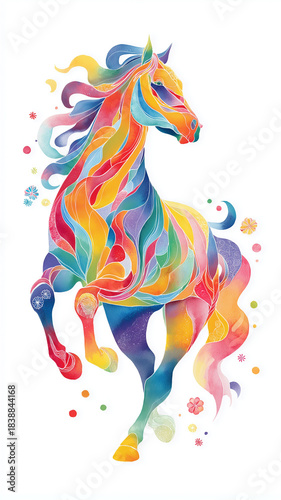 レインボーカラーで表現されたファンタジックな馬のグラフィック｜干支、2026、ポップ、背景、明るい、動物、カラフル、デザイン、可愛い、装飾、虹、グラデーション