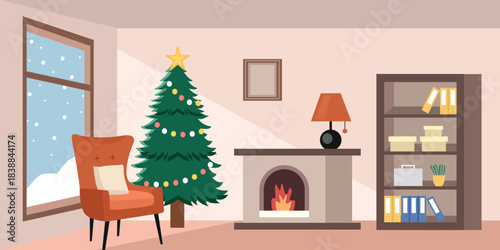 Cozy Christmas Living Room with Fireplace and Snowy Window. Winter Home Interior. Winter Interior Decor. Christmas tree.
