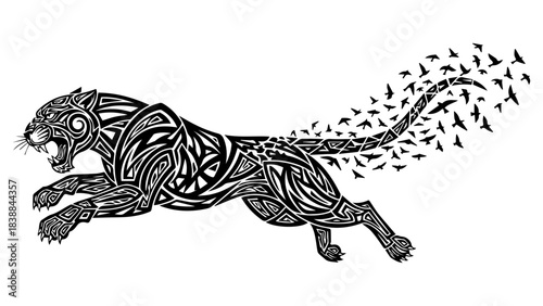 Stunning tribal jaguar dissolving into a flock of birds running powerfully