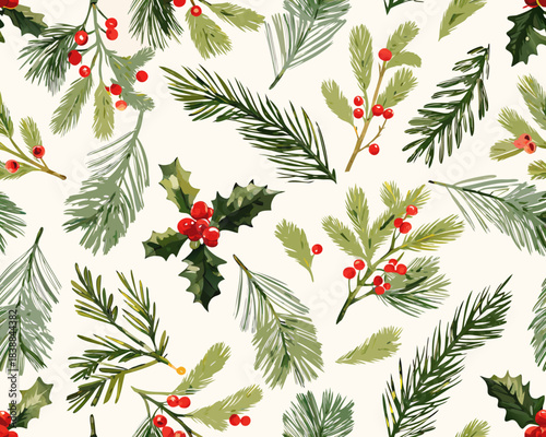 Festive evergreen branches and red berries seamless winter holiday pattern