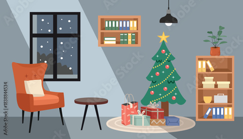 Cozy Christmas Eve Room with Decorated Tree and Falling Snow. Living room space. Snowy Season Home Comforts.