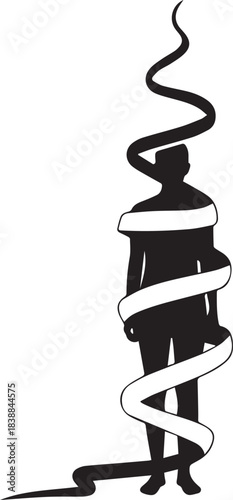 World aids day symbol silhouette figure tied with red ribbon awareness concept