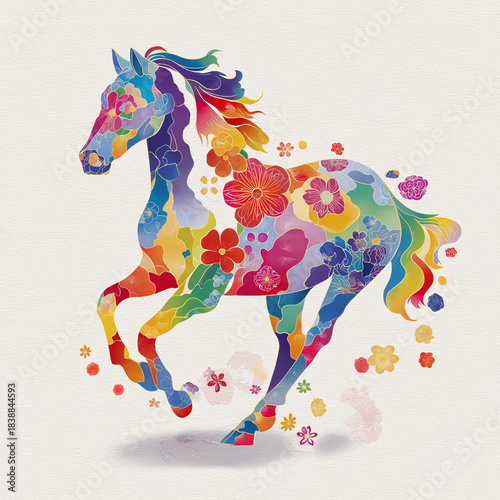 和風の花模様で彩られた幻想的な馬のアート作品｜干支、年賀状、2026、和柄、華やか、装飾、動物、カラフル、幻想、正月、背景素材、年始、新年