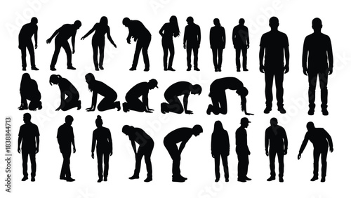Silhouette collection of people bending kneeling and crouching in multiple positions