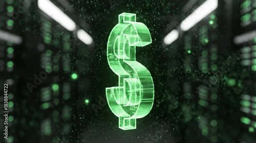 Digital green dollar hologram glowing with particles in futuristic data center, symbolizing virtual currency, finance technology innovation and advanced digital currency data systems