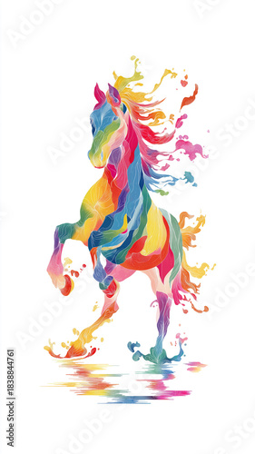 躍動感あふれるカラフルな馬のシルエットと花柄装飾の幻想的なイラスト｜新年、年賀状、干支、華やか、和柄、和風、動物、馬、ポップ、アート、装飾、背景、カラフル