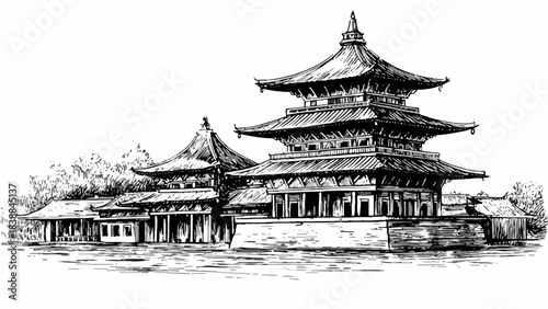 Hand-drawn depiction of a grand East Asian temple, its traditional tiered roofs reaching skyward, embodying centuries of architectural heritage and spiritual serenity