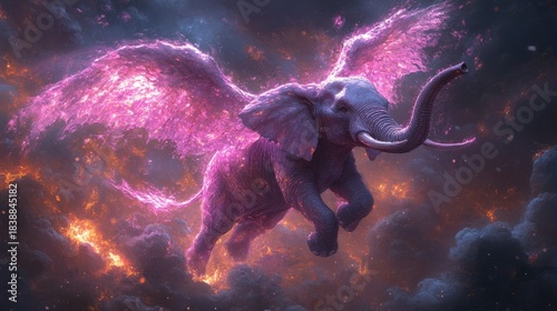 A majestic pink elephant with radiant glowing wings gracefully flies amidst a breathtaking cosmic sky, complete with shimmering stars and swirling nebulae. A surreal and fantastical scene.