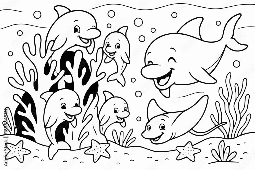 Fototapeta premium Coloring book for kids - Dolphins playing and swimming around coral reef in ocean scene 