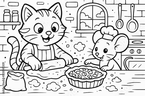 Coloring book for kids - Cartoon cat and mouse baking pie together in kitchen scene  