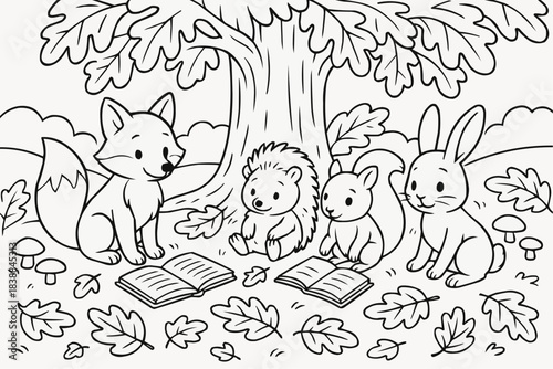 Coloring book for kids - Cartoon animals reading books under a tree in a forest setting  