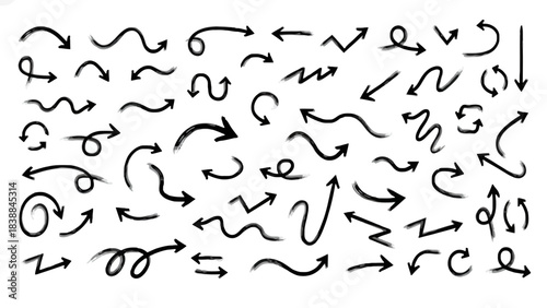 Set of diverse black hand-drawn arrows and symbols on a white background, ideal for presentations and design projects