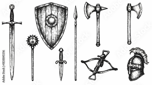 Collection of Medieval Weapons and Armor Including Swords, Shields, Axes, Daggers, Crossbows, and Helmets