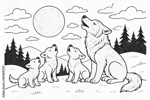 Coloring book for kids - Family of wolves howling at the moon in a forested landscape  