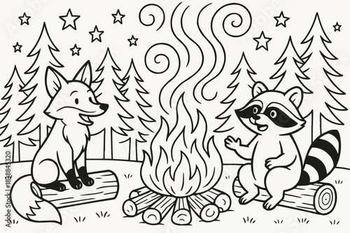 Coloring book for kids - Cartoon fox and raccoon sitting by campfire in forest at night  