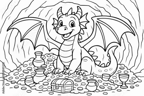 Coloring book for kids - Cute cartoon dragon sitting on treasure pile in cave  