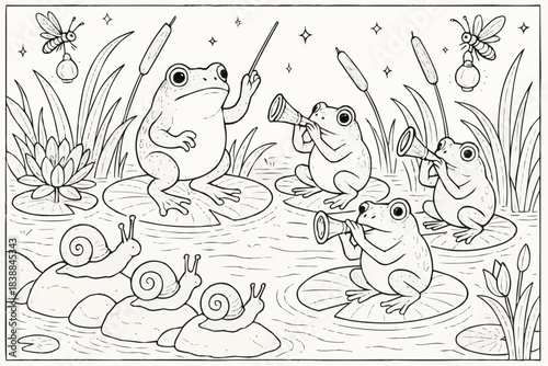 Coloring book for kids - Frogs playing musical instruments on lily pads in a pond  