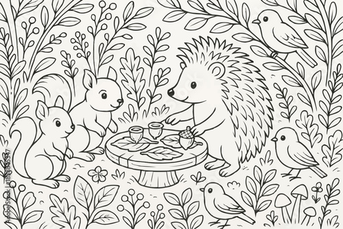Coloring book for kids - Hedgehog serving food to squirrels and birds in a forest setting  