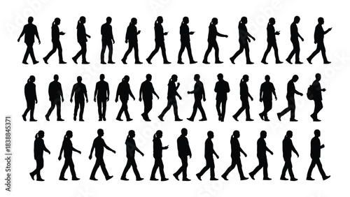 Silhouette collection of men and women walking in side profile poses