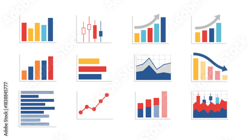 Dynamic Set of Financial and Business Data Charts, Infographics, and Graphs Illustrating Trends, Growth, and Performance Metrics for Analytics