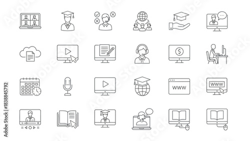 Online Education and E-learning Icons for Digital Learning Platforms and Courses