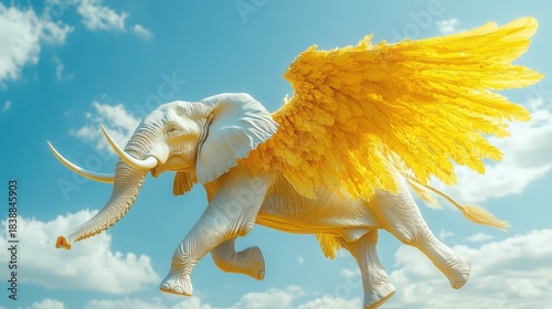 A magnificent elephant with expansive wings ascends through a brilliant blue sky, symbolizing liberation and spiritual elevation.